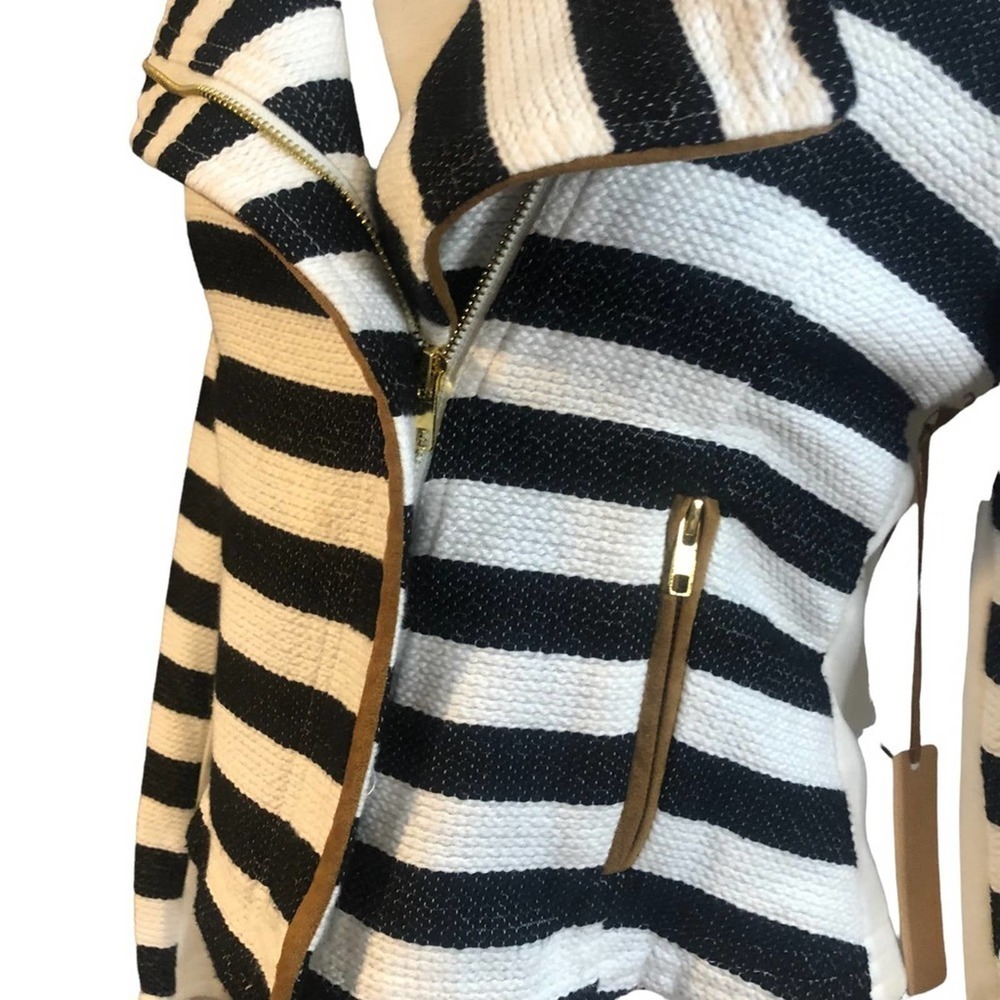 Gibson & Latimer NWT Black White Tan Brown Striped Moto Jacket Small - Picture 9 of 14
